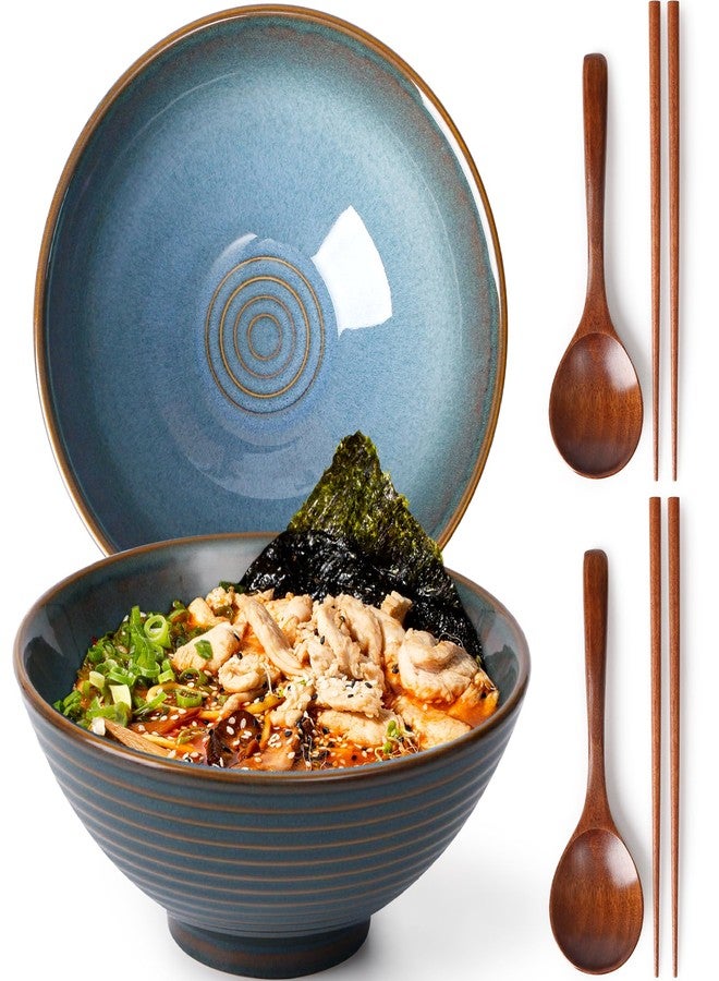 NUTRIUPS 8 Inch Ceramic Ramen Bowl Set of 2 Pho Bowls 40oz Japanese Noodle Udon Soup Bowls with Spoons and Chopsticks (Ocean Blue) - Image 1