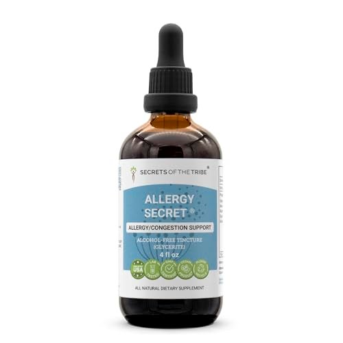 Secrets of the Tribe Allergy Secret Alcohol-Free Extract, Tincture, Glycerite Rosemary, Mullein Leaf, Marshmallow, Stinging Nettle, Eyebright. Allergy/Congestion Support (4 FL OZ) - Image 1