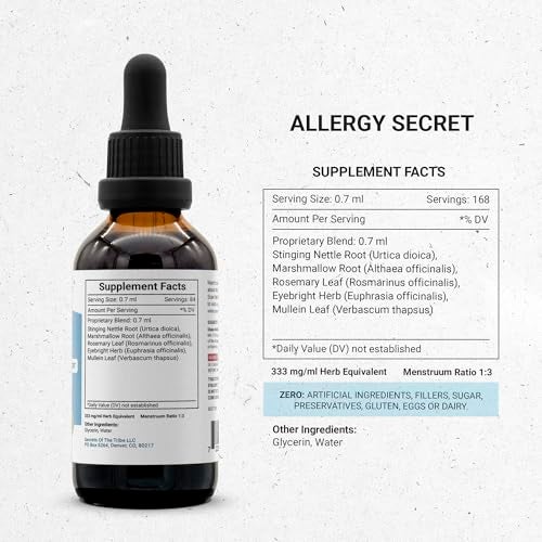 Secrets of the Tribe Allergy Secret Alcohol-Free Extract, Tincture, Glycerite Rosemary, Mullein Leaf, Marshmallow, Stinging Nettle, Eyebright. Allergy/Congestion Support (4 FL OZ) - Image 4
