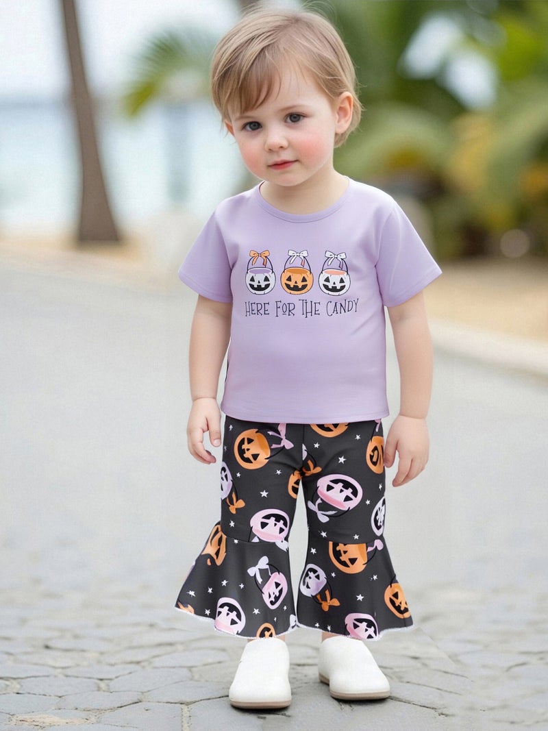 Kids Girl Halloween Outfits Pumpkin Bucket Print Short Sleeves T-Shirt and Elastic Flare Pants Cute 2 Piece Clothes - Image 3