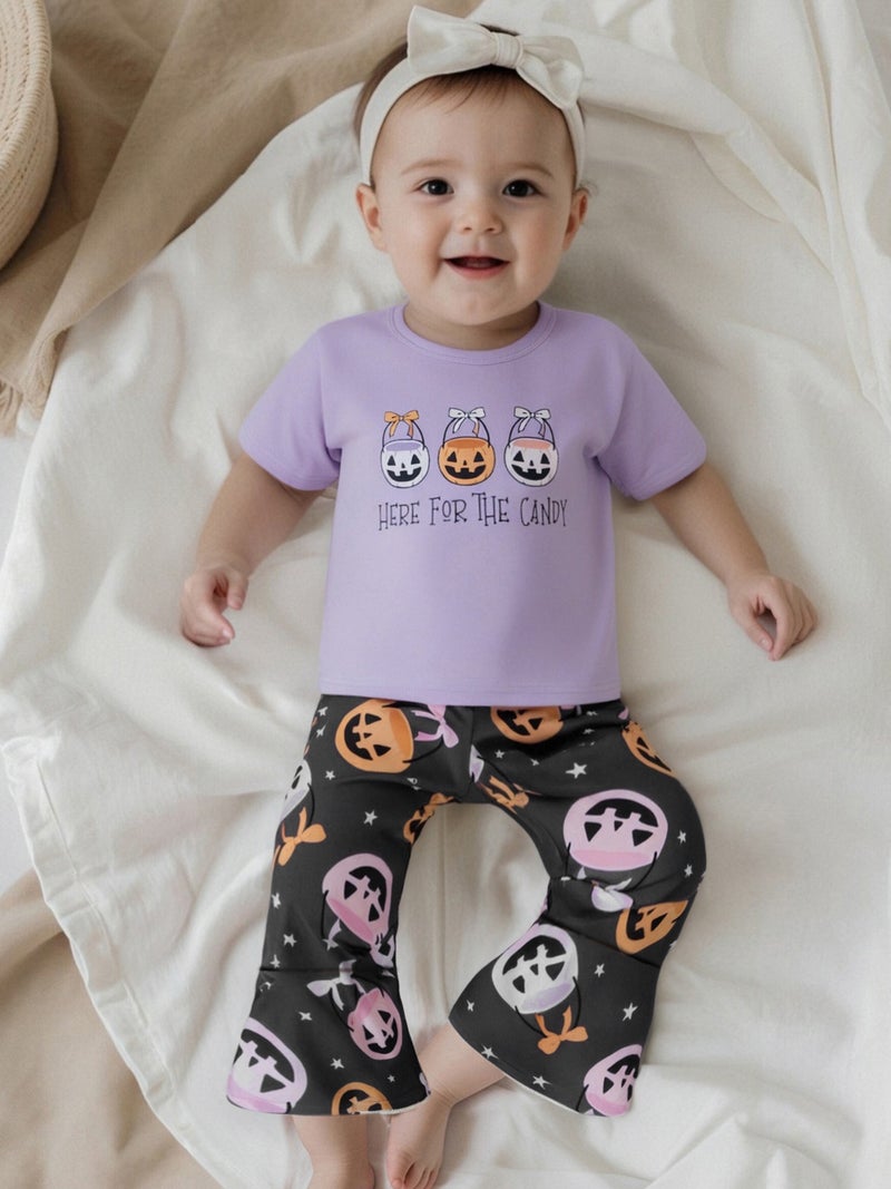 Kids Girl Halloween Outfits Pumpkin Bucket Print Short Sleeves T-Shirt and Elastic Flare Pants Cute 2 Piece Clothes - Image 1