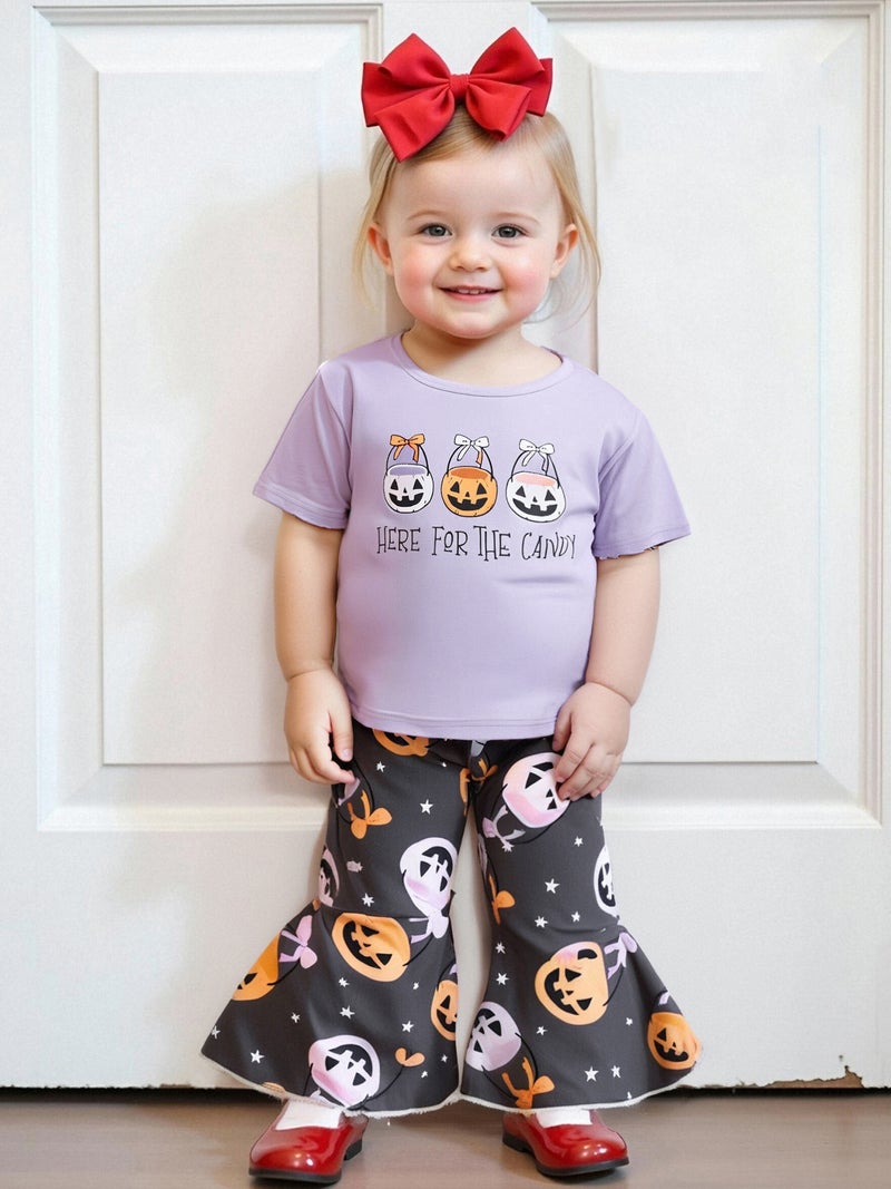 Kids Girl Halloween Outfits Pumpkin Bucket Print Short Sleeves T-Shirt and Elastic Flare Pants Cute 2 Piece Clothes - Image 4