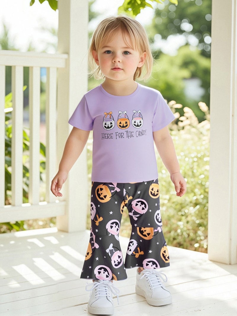 Kids Girl Halloween Outfits Pumpkin Bucket Print Short Sleeves T-Shirt and Elastic Flare Pants Cute 2 Piece Clothes - Image 2