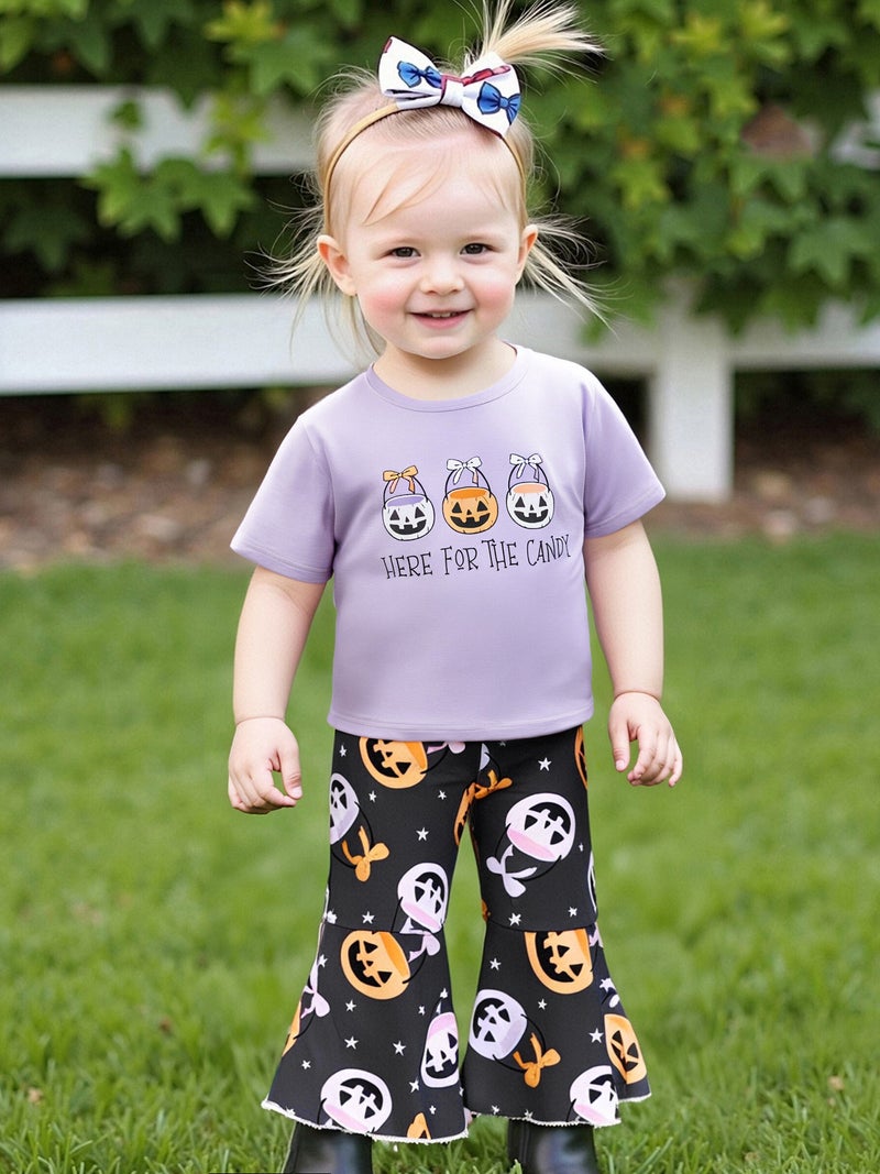 Kids Girl Halloween Outfits Pumpkin Bucket Print Short Sleeves T-Shirt and Elastic Flare Pants Cute 2 Piece Clothes - Image 5