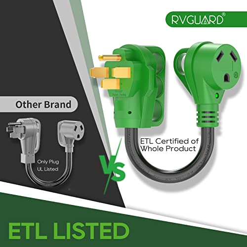 RVGUARD 50 Amp to 30 Amp RV Adapter Cord 12 Inch, NEMA 14-50P to NEMA TT-30R, Dogbone Electrical Converter with LED Power Indicator and Disconnect Handle, Green, ETL Listed - Image 4
