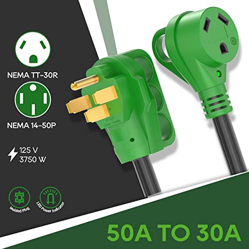 RVGUARD 50 Amp to 30 Amp RV Adapter Cord 12 Inch, NEMA 14-50P to NEMA TT-30R, Dogbone Electrical Converter with LED Power Indicator and Disconnect Handle, Green, ETL Listed - Image 3
