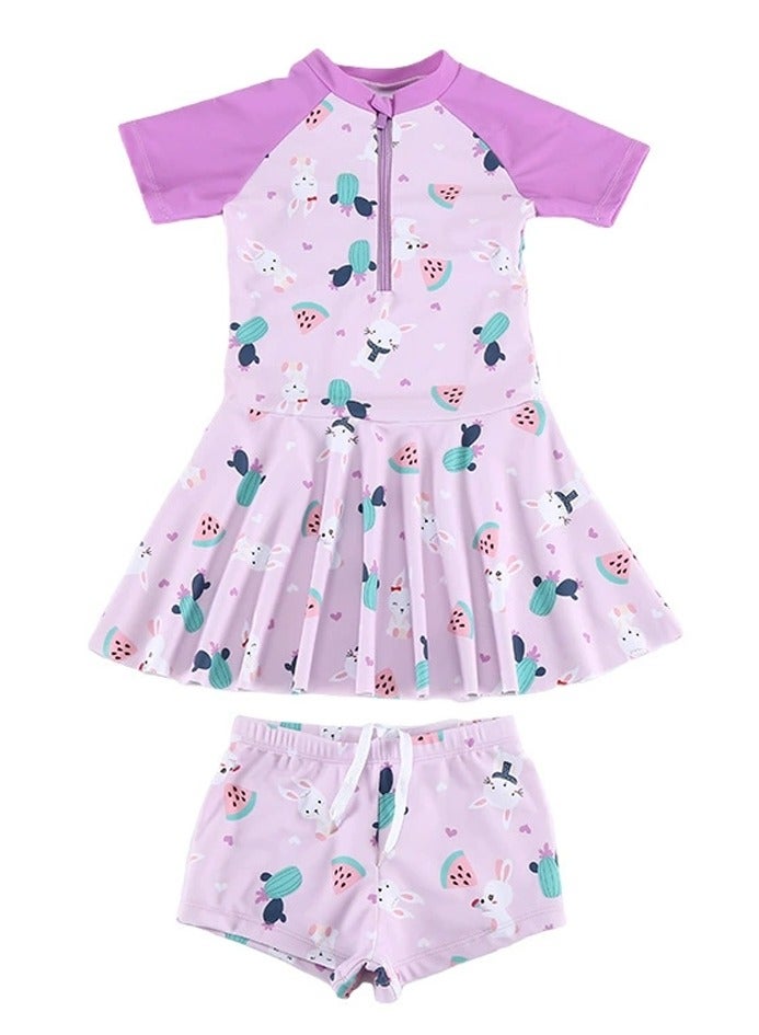 Loquat Girls Printed One Piece Swim Dress,Swim Trunks 2 Piece Set Swim Skirted Bathing Suit Short Sleeve Swimwear - Image 1