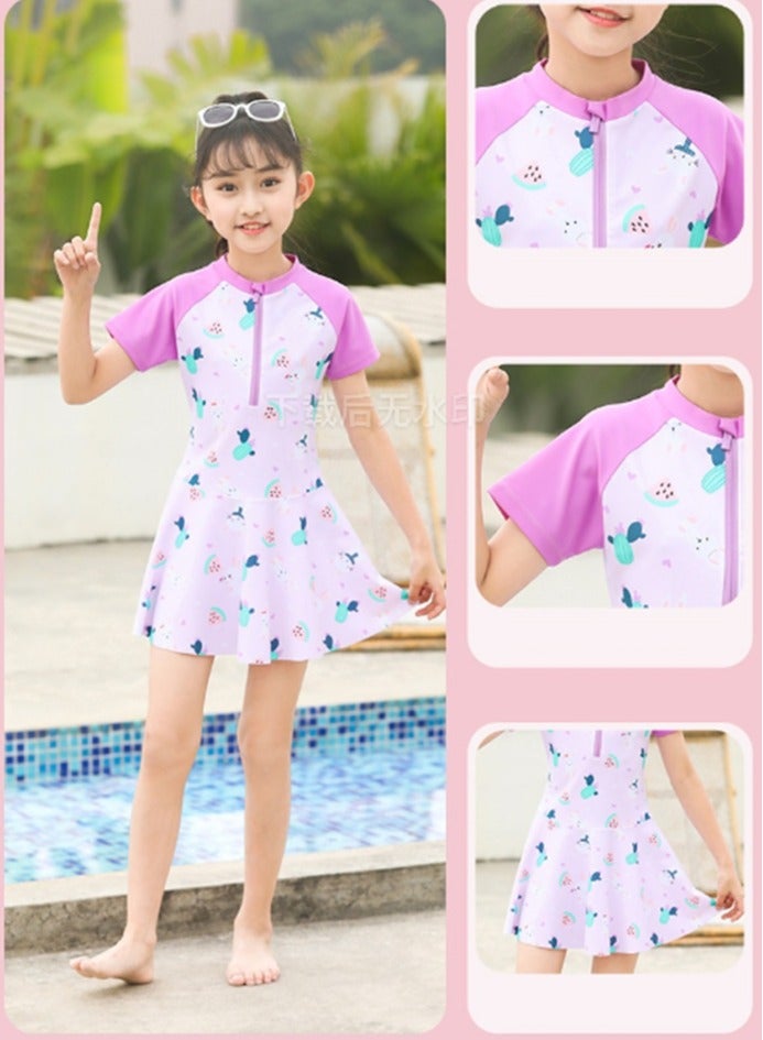 Loquat Girls Printed One Piece Swim Dress,Swim Trunks 2 Piece Set Swim Skirted Bathing Suit Short Sleeve Swimwear - Image 3