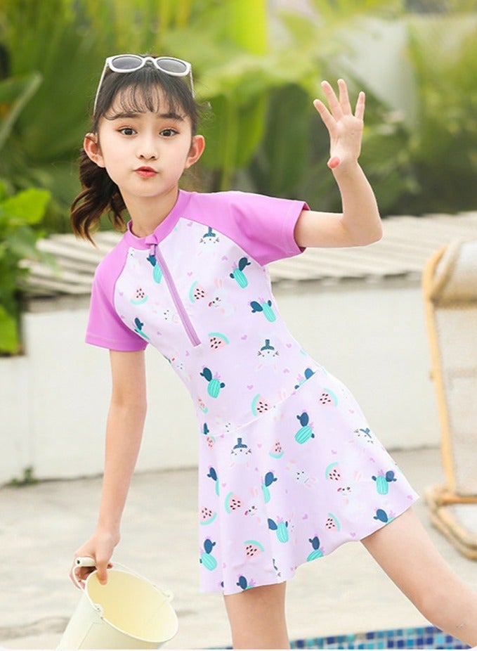 Loquat Girls Printed One Piece Swim Dress,Swim Trunks 2 Piece Set Swim Skirted Bathing Suit Short Sleeve Swimwear - Image 4