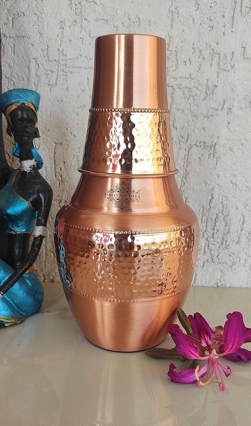 INDIAN ART VILLA INDIAN ART VILLA Pure Copper Bedroom Bottle with Inbuilt Glass Surahi Design Half Hammered Finish 1300 ml Capacity Pack of 2  - Image 2