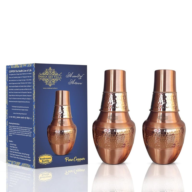 INDIAN ART VILLA INDIAN ART VILLA Pure Copper Bedroom Bottle with Inbuilt Glass Surahi Design Half Hammered Finish 1300 ml Capacity Pack of 2  - Image 1
