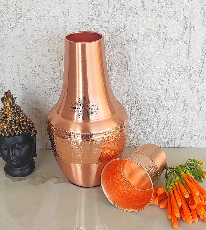 INDIAN ART VILLA INDIAN ART VILLA Pure Copper Bedroom Bottle with Inbuilt Glass Surahi Design Half Hammered Finish 1300 ml Capacity Pack of 2  - Image 4
