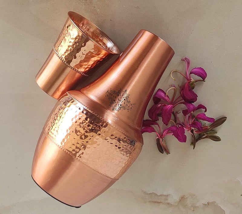 INDIAN ART VILLA INDIAN ART VILLA Pure Copper Bedroom Bottle with Inbuilt Glass Surahi Design Half Hammered Finish 1300 ml Capacity Pack of 2  - Image 5
