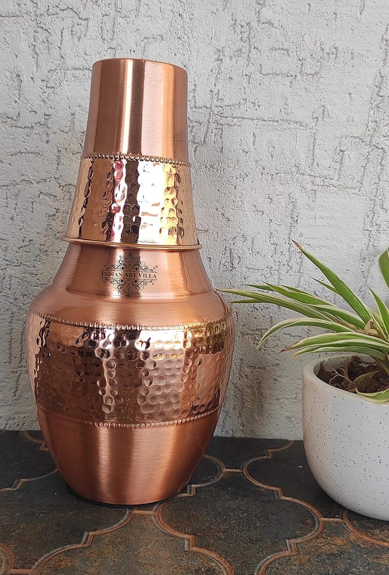 INDIAN ART VILLA INDIAN ART VILLA Pure Copper Bedroom Bottle with Inbuilt Glass Surahi Design Half Hammered Finish 1300 ml Capacity Pack of 2  - Image 3