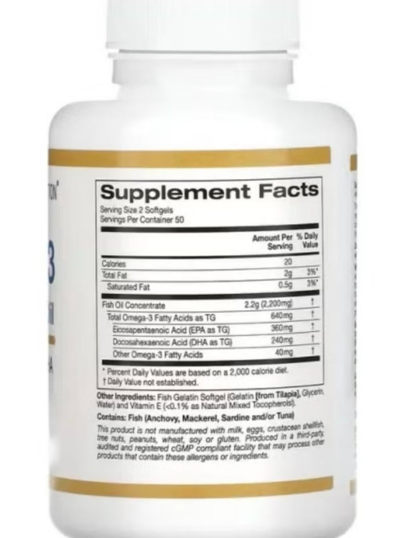 Premium Omega-3 Fish Oil Concentrated Formula with EPA and DHA for Optimal Lipid Profile and Immune Support - Gluten-Free, Non-GMO - 100 Fish Gelatin Softgels
