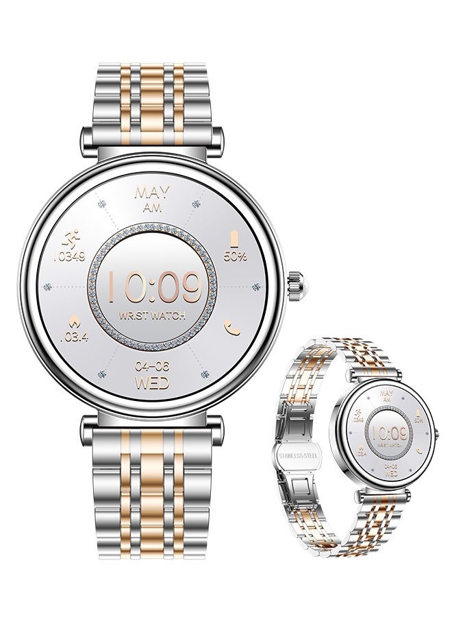 رولستيمي ساعة ذكية بلوتوث ماسية للسيدات ، شاشة عالية الدقة مقاس 1.27 بوصة ، مراقبة معدل ضربات القلب للياقة البدنية ، عالمية لأنظمة أندرويد وآي أو إس ، آر تي آي 109 بلونين فضي - Image 1