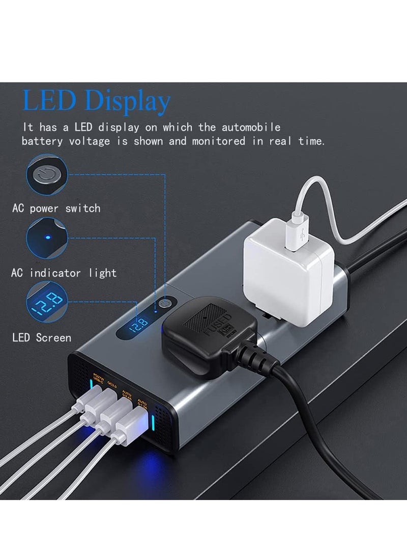 محول طاقة السيارة 200 واط، محول تيار مستمر 12/24 فولت إلى 220 فولت تيار متردد، محول شاحن 3 منافذ USB 1 Type-C مع مفتاح وشاشة LED الحالية، مناسب للسيارات وسيارات الدفع الرباعي والشاحنات - Image 5