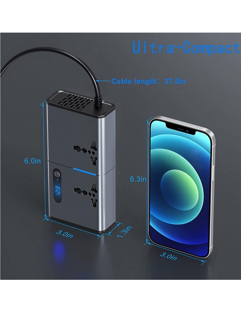 محول طاقة السيارة 200 واط، محول تيار مستمر 12/24 فولت إلى 220 فولت تيار متردد، محول شاحن 3 منافذ USB 1 Type-C مع مفتاح وشاشة LED الحالية، مناسب للسيارات وسيارات الدفع الرباعي والشاحنات - Image 2