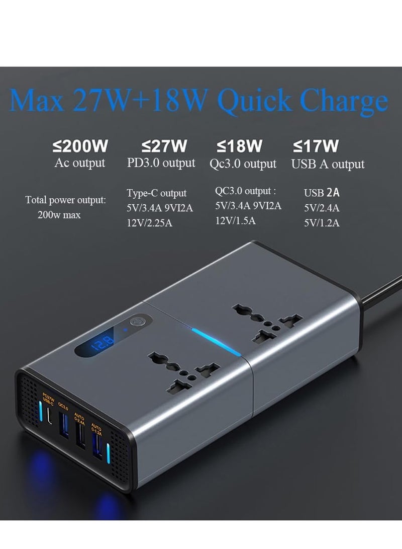 محول طاقة السيارة 200 واط، محول تيار مستمر 12/24 فولت إلى 220 فولت تيار متردد، محول شاحن 3 منافذ USB 1 Type-C مع مفتاح وشاشة LED الحالية، مناسب للسيارات وسيارات الدفع الرباعي والشاحنات - Image 3