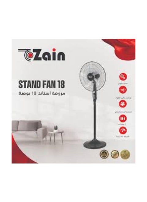 Zain Stand Fan 18 inch, 3 Speeds, 5 Blades - Black