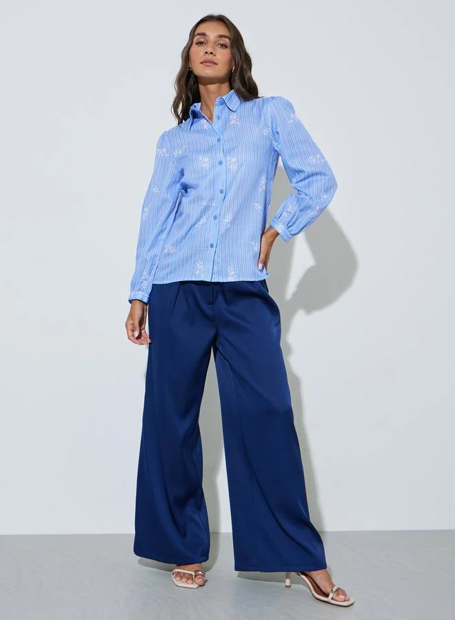 Styli Blue Striped Graphic Print Long Sleeve Shirt
