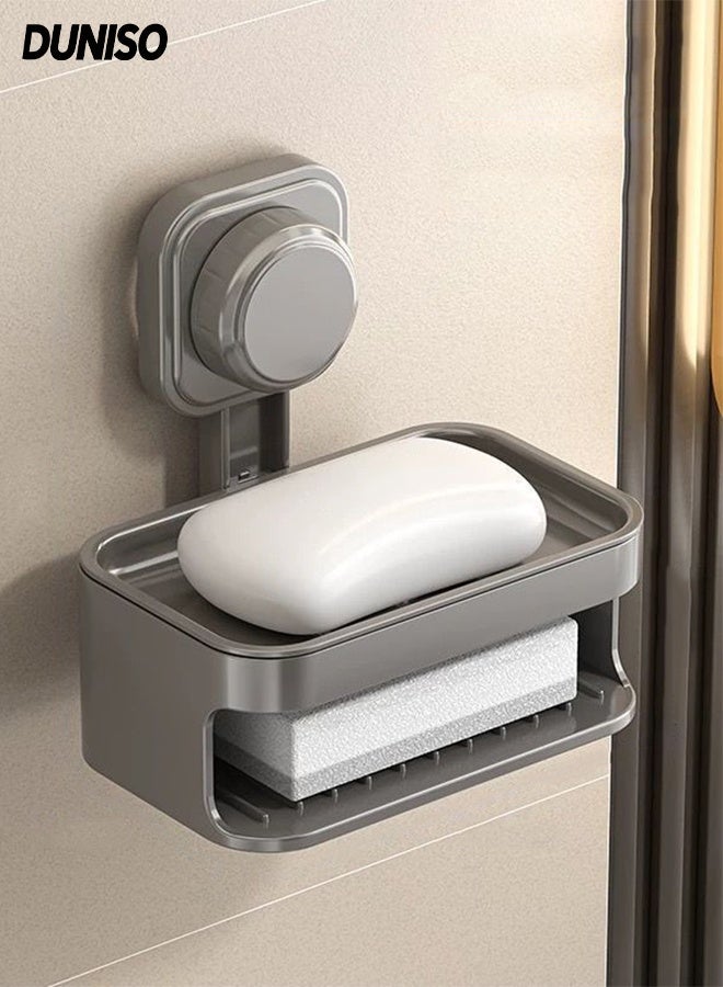 DUNISO حامل صابون مزدوج الطبقة، حامل صابون مثبت على الحائط، طبق صابون مع كوب شفط، حامل إسفنجة صابون قابل للإزالة ذات تصريف ذاتي، مقاوم للماء والرطوبة، بدون حفر، للحمام والدش، حوض الاستحمام ومغسلة المطبخ - Image 1