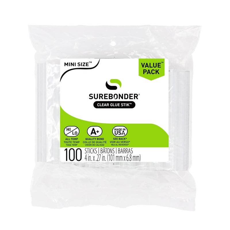 Surebonder DT-100 Made in the USA All Purpose Stik-Mini Glue Sticks-All Temperature-5/16"D, 4"L Hot Melt Glue Sticks-100 Sticks per bag, Clear - Image 1