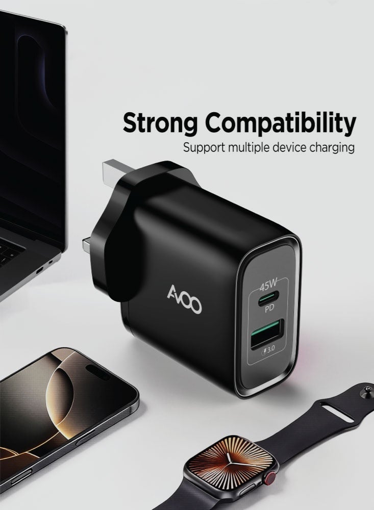 AVOO 45W USB and Type C Fast Charger PD Dual Port Power Delivery 3.0 Adapter Plug for iPhone 12 11 Pro Max X XR XS 8 SE 2020 iPad Samsung S20 Huawei P40 P30, Black - Image 1