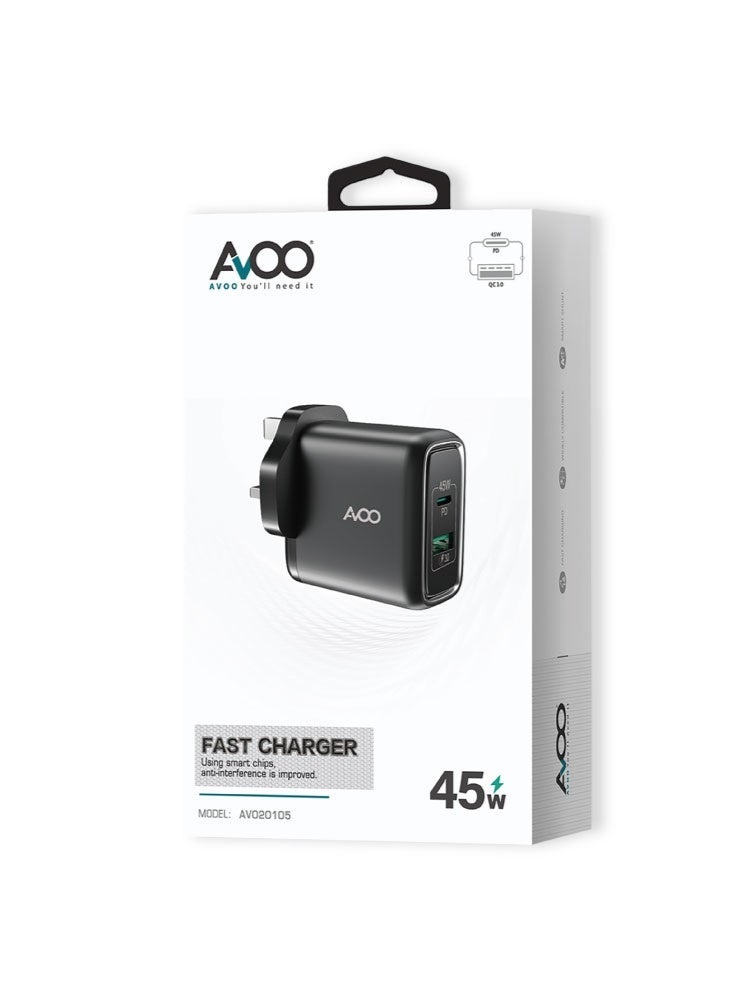 AVOO 45W USB and Type C Fast Charger PD Dual Port Power Delivery 3.0 Adapter Plug for iPhone 12 11 Pro Max X XR XS 8 SE 2020 iPad Samsung S20 Huawei P40 P30, Black - Image 2