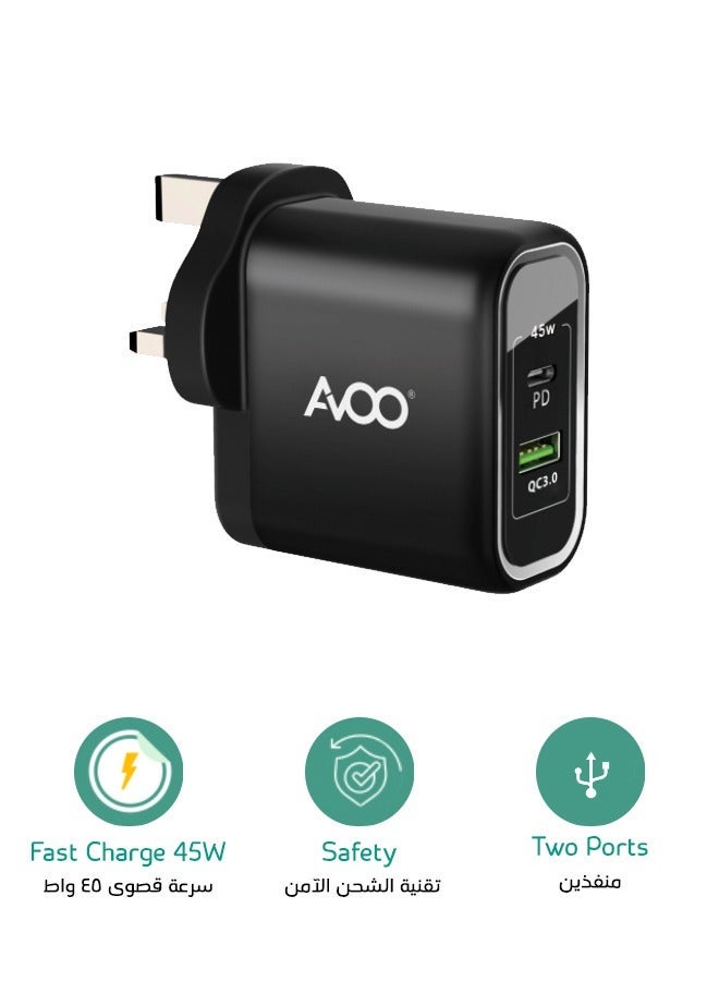 AVOO 45W USB and Type C Fast Charger PD Dual Port Power Delivery 3.0 Adapter Plug for iPhone 12 11 Pro Max X XR XS 8 SE 2020 iPad Samsung S20 Huawei P40 P30, Black - Image 3
