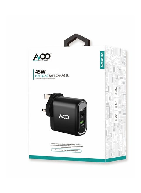 45W USB and Type C Fast Charger PD Dual Port Power Delivery 3.0 Adapter Plug for iPhone 12 11 Pro Max X XR XS 8 SE 2020 iPad Samsung S20 Huawei P40 P30, Black