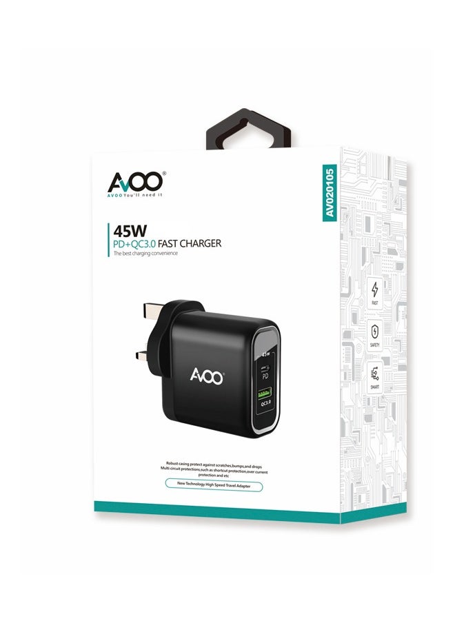 AVOO - 45W USB and Type C Fast Charger PD Dual Port Power Delivery 3.0 Adapter Plug for iPhone 12 11 Pro Max X XR XS 8 SE 2020 iPad Samsung S20 Huawei P40 P30, Black - Image 1