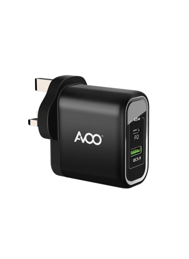 AVOO - 45W USB and Type C Fast Charger PD Dual Port Power Delivery 3.0 Adapter Plug for iPhone 12 11 Pro Max X XR XS 8 SE 2020 iPad Samsung S20 Huawei P40 P30, Black - Image 1