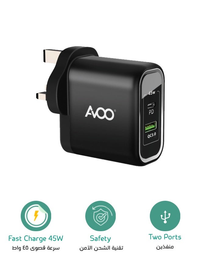 AVOO - 45W USB and Type C Fast Charger PD Dual Port Power Delivery 3.0 Adapter Plug for iPhone 12 11 Pro Max X XR XS 8 SE 2020 iPad Samsung S20 Huawei P40 P30, Black - Image 1