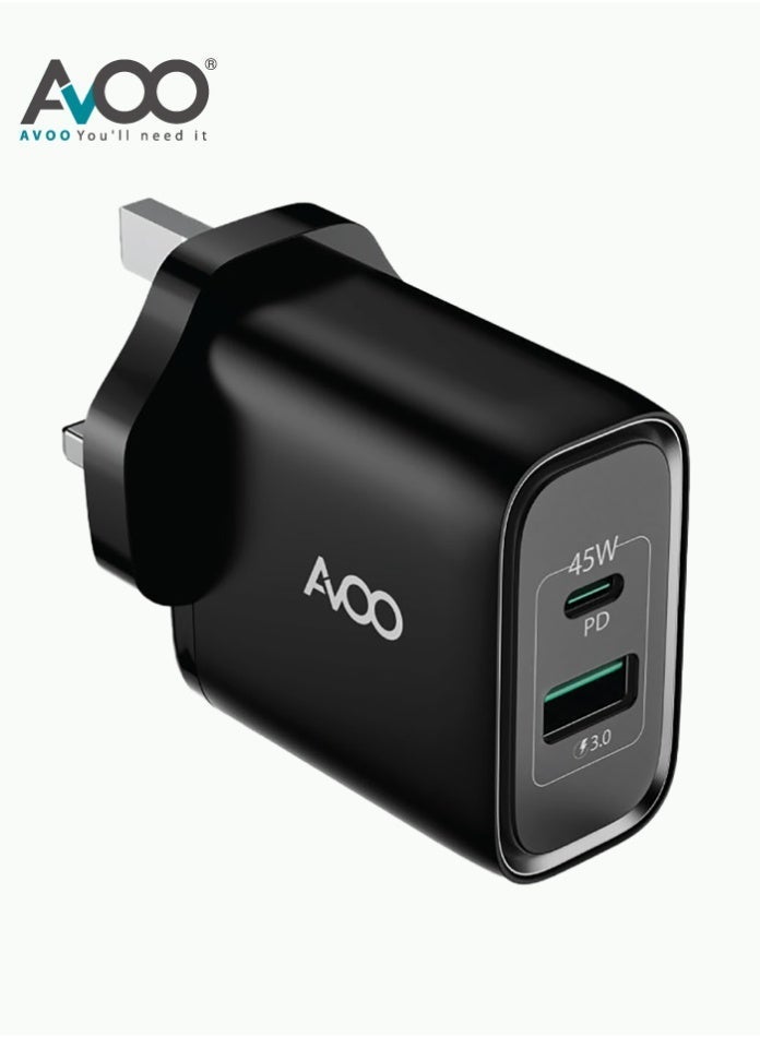 أفو شاحن سريع 45 وات USB من النوع C PD مزدوج توصيل الطاقة 3.0 قابس محول لهاتف iPhone 12 11 Pro Max X XR XS 8 SE 2020 iPad Samsung S20 Huawei P40 P30، أسود - Image 1
