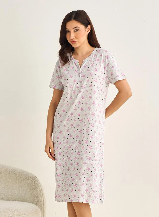 سبلاش فيڤ Midi Night Dress Short Sleeve Fruit Print Cotton