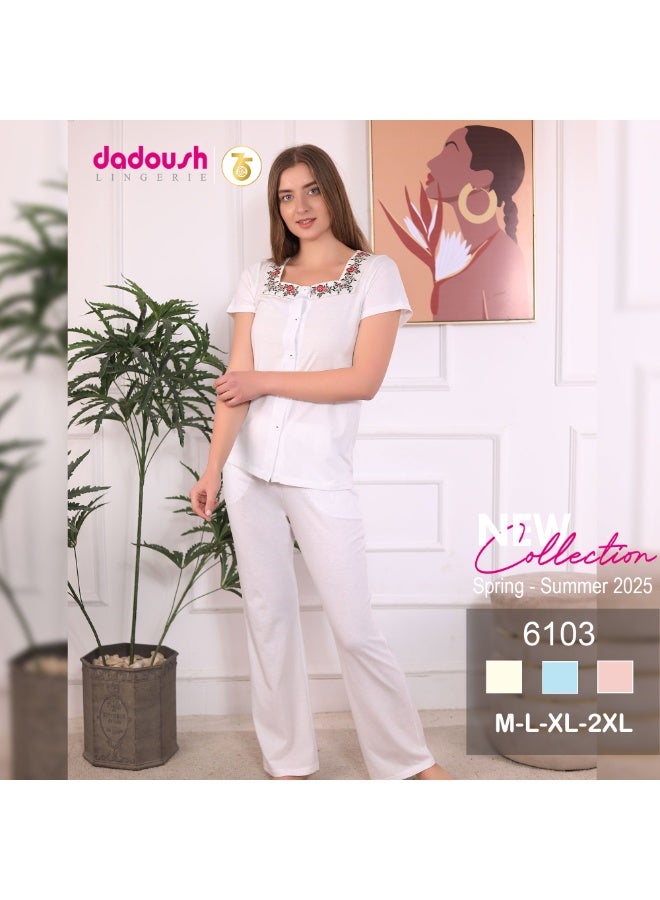 Dadoush Women's Cotton Pajama Set - Short Sleeve Embroidered Neck Top and Plain Pants - Soft, Lightweight, and Breathable Summer Sleepwear - Image 2