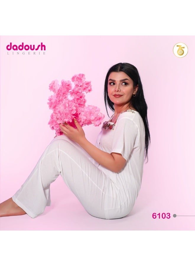 Dadoush Women's Cotton Pajama Set - Short Sleeve Embroidered Neck Top and Plain Pants - Soft, Lightweight, and Breathable Summer Sleepwear - Image 3