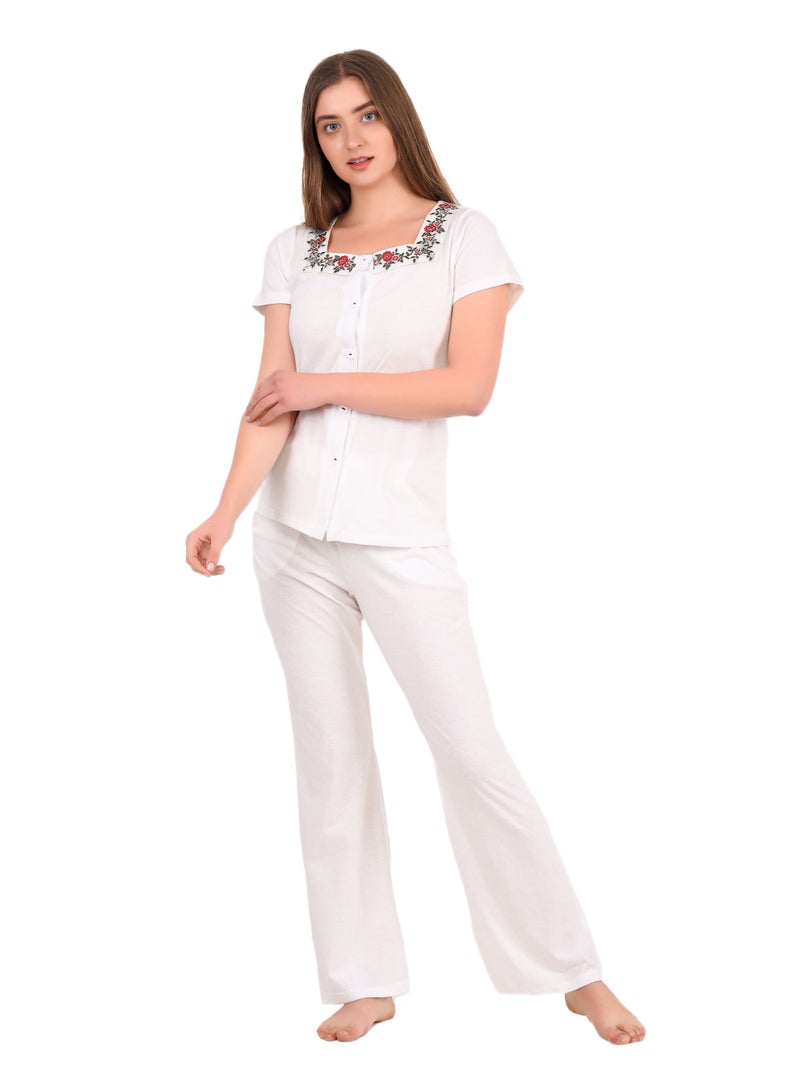Dadoush Women's Cotton Pajama Set - Short Sleeve Embroidered Neck Top and Plain Pants - Soft, Lightweight, and Breathable Summer Sleepwear - Image 1