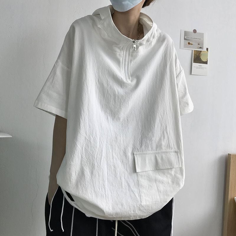 2024 Hooded Short-Sleeved T-Shirt Men'S Summer Fashionable Loose Top Japanese Cityboy Teenager Half Zipper - Image 4