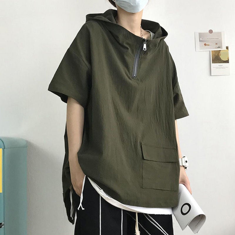2024 Hooded Short-Sleeved T-Shirt Men'S Summer Fashionable Loose Top Japanese Cityboy Teenager Half Zipper - Image 2