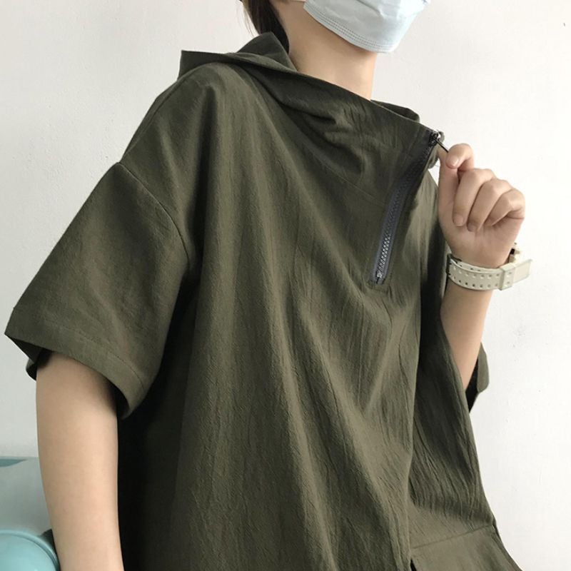 2024 Hooded Short-Sleeved T-Shirt Men'S Summer Fashionable Loose Top Japanese Cityboy Teenager Half Zipper - Image 3