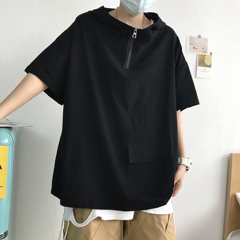 2024 Hooded Short-Sleeved T-Shirt Men'S Summer Fashionable Loose Top Japanese Cityboy Teenager Half Zipper - Image 5
