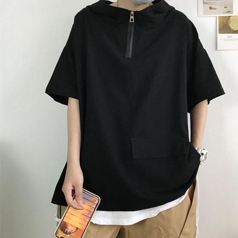 2024 Hooded Short-Sleeved T-Shirt Men'S Summer Fashionable Loose Top Japanese Cityboy Teenager Half Zipper - Image 1