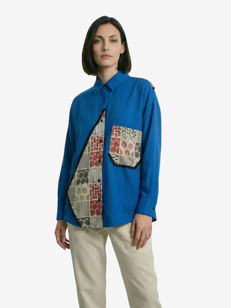 My Fashion Cobalt Blue MY FASHION Geometric Print Linen Blend Button-Up Shirt for Women | Best Price UAE