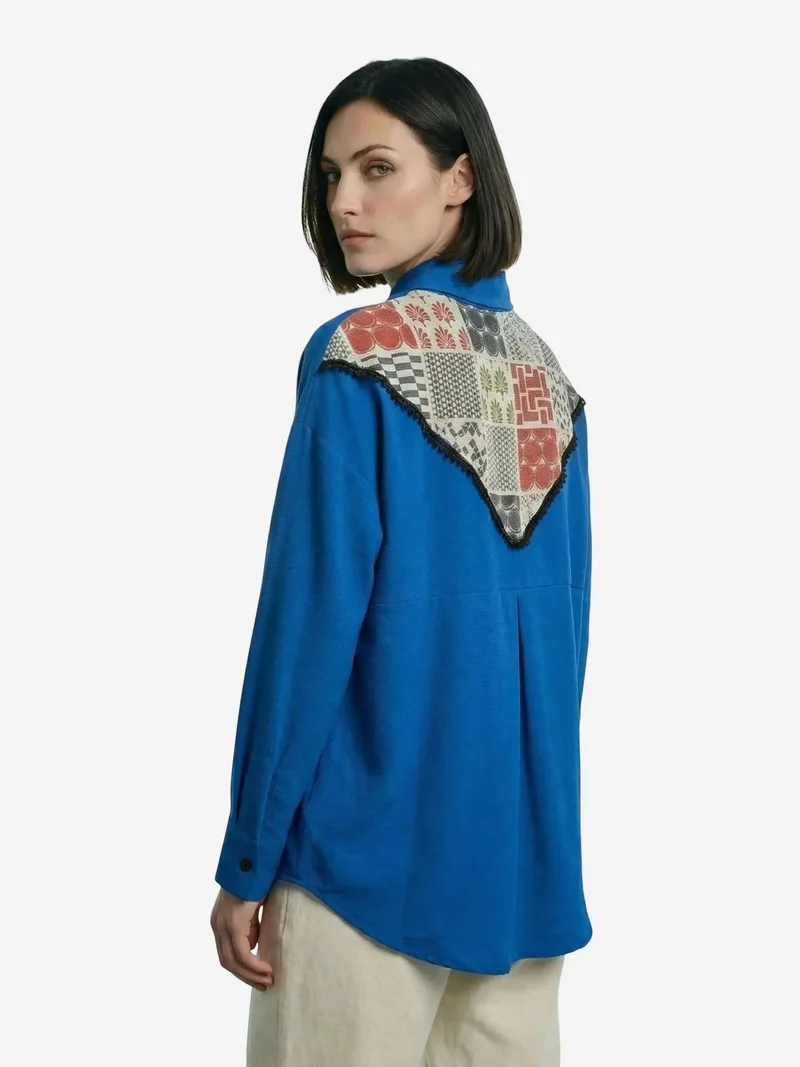 My Fashion Cobalt Blue MY FASHION Geometric Print Linen Blend Button-Up Shirt for Women | Best Price UAE