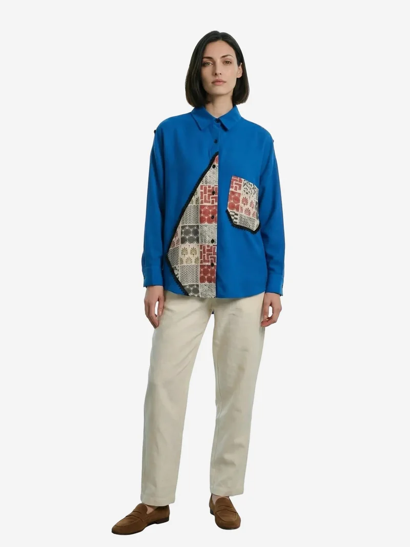 MY FASHION MY FASHION Geometric Print Linen Blend Button-Up Shirt