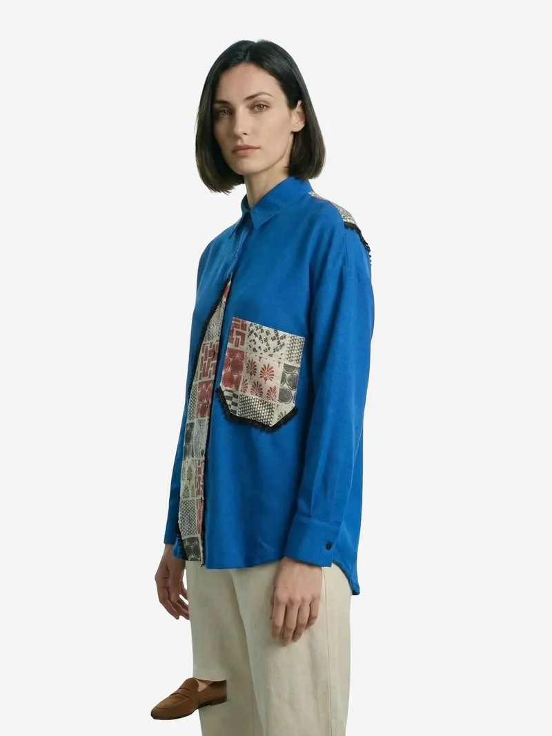 My Fashion Cobalt Blue MY FASHION Geometric Print Linen Blend Button-Up Shirt for Women | Best Price UAE