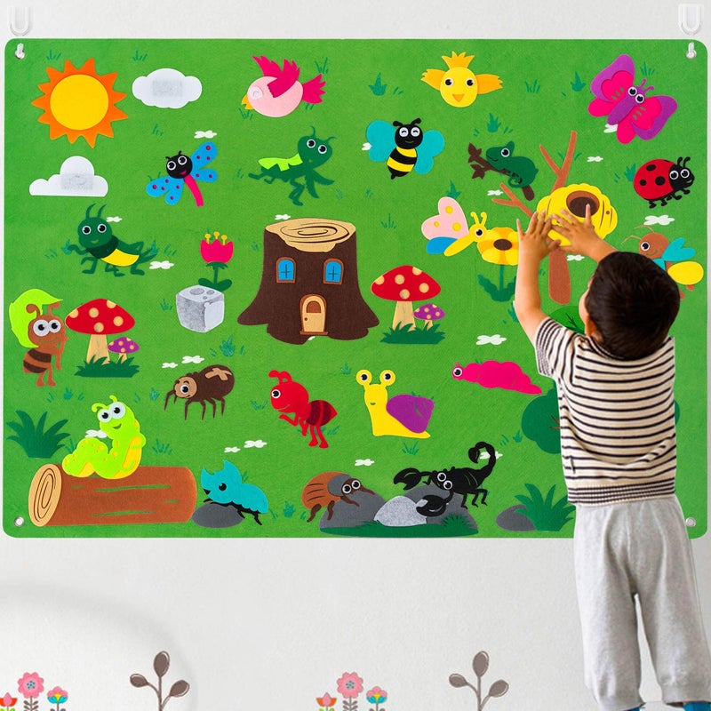 WATINC Insect Teaching Felt Board Story Set 3.5 Ft 45Pcs Preschool Bug Animals Caterpillar Bee Butterfly Dragonfly Storytelling Flannel Early Learning Play Kit Wall Hanging Gift for Toddlers (Green) - Image 1