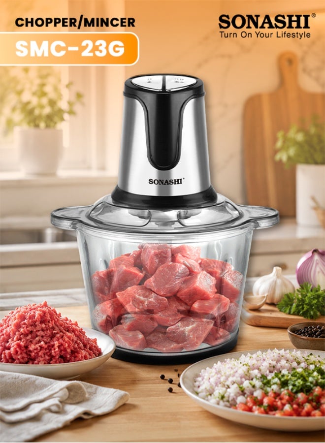 SONASHI Multi-Chopper with Powerful Motor and Max Capacity 3L | Chopper with Mincer Grinder Function & Glass Bowl | Stainless Steel Blade Set for Effective Chopping 3 L 500 W SMC-23G Black/Silver - Image 1